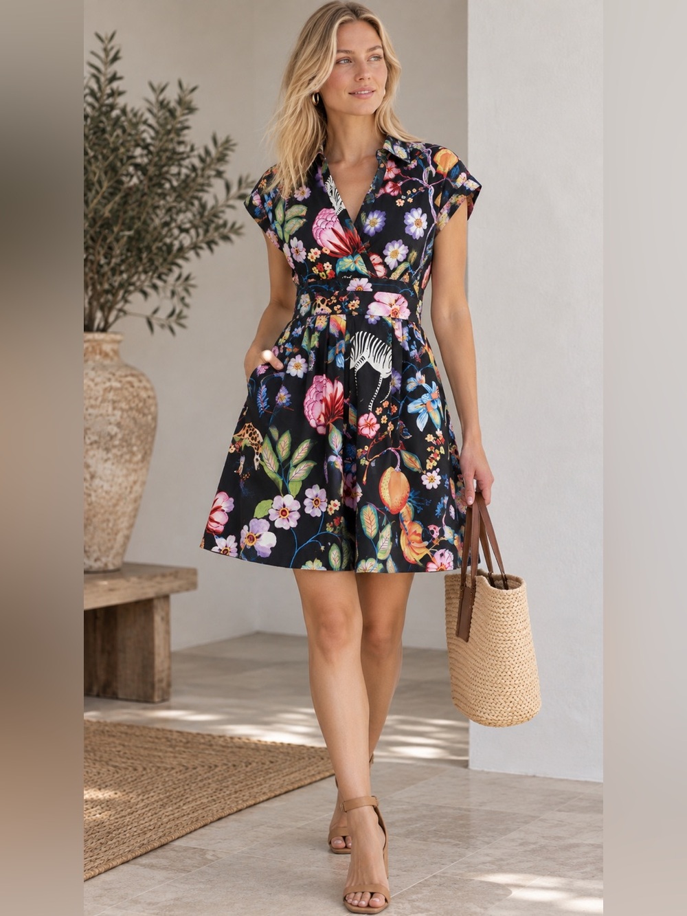 Maeve Anthropologie Animal Floral Zebra Print Fit & Flare Dress Size 6